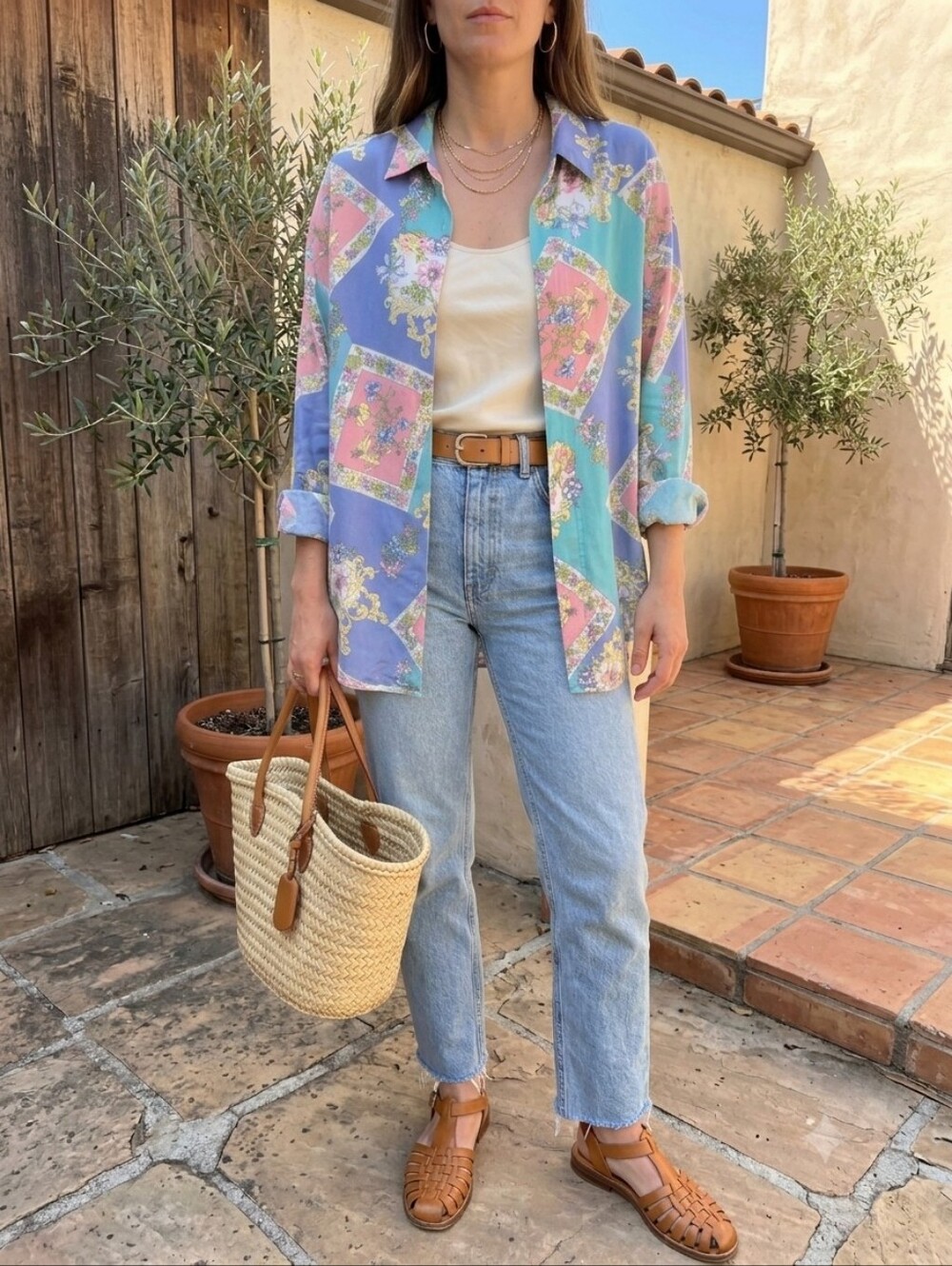 Vintage 90s Rayon Pastel Scarf Print Button Down Shirt Large Oversized Buttermom